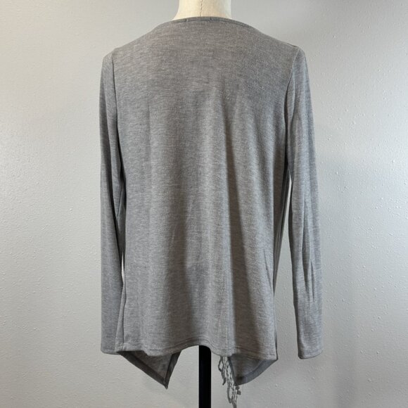 Maurices Womens Sz S Gray Wrap Top Cowl Neck Asymmetrical Fringe Long Sleeve NWT - Picture 2 of 14
